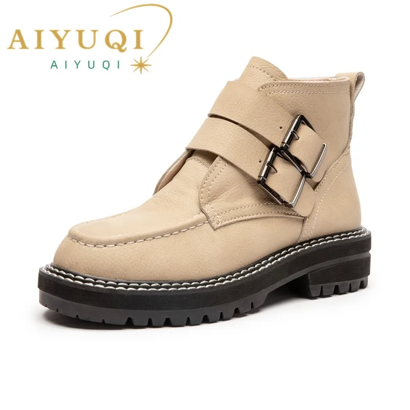 AIYUQI Women's Short Boots Large Size 2024 New Genuine Leather British Style Women Winter Boots Fashion Fur Women Ankle Boots