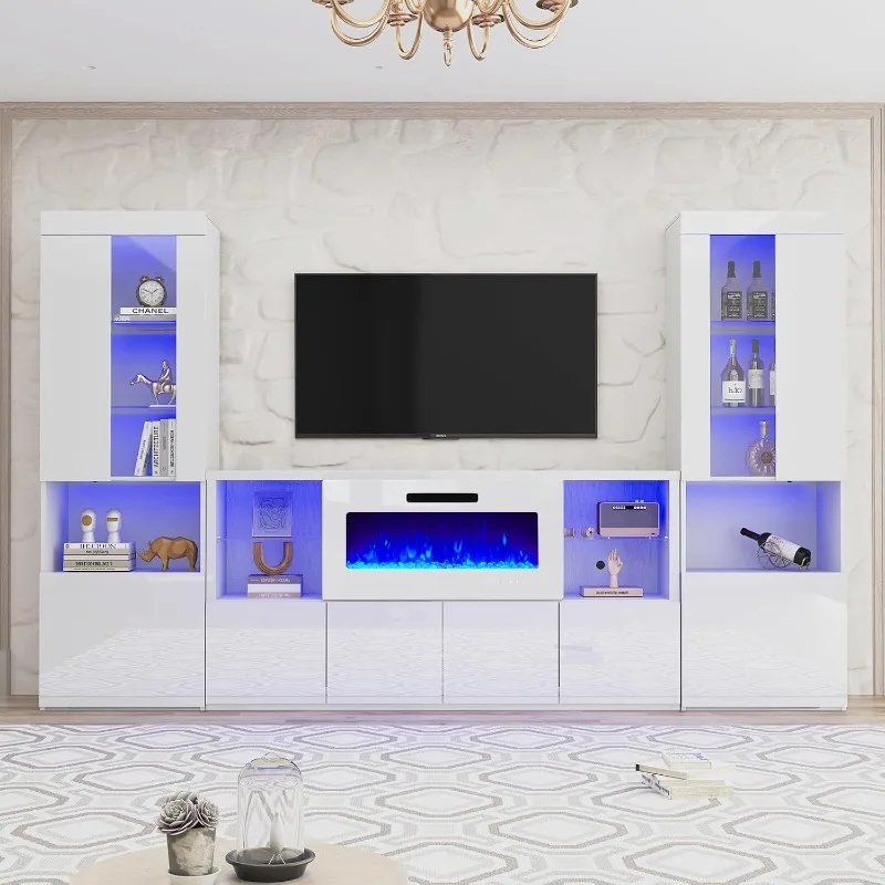 

3 Piece Modern High Gloss Fireplace TV Stand + Bookcase Set for Living Room Includes 68" TV Stand with 40" Fireplace