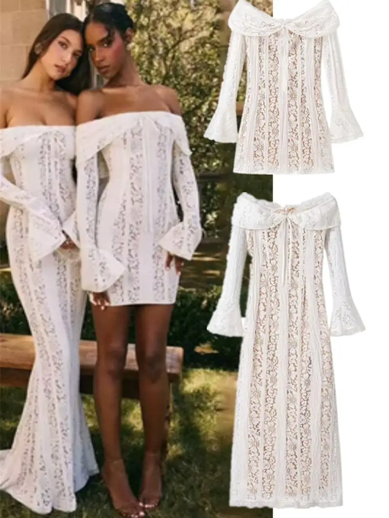 

White Long Sleeve One Shoulder Lace Insert Slim Fit Fish Tail Dress Women's Fashion Spring Summer Autumn Seasonal Single Piece