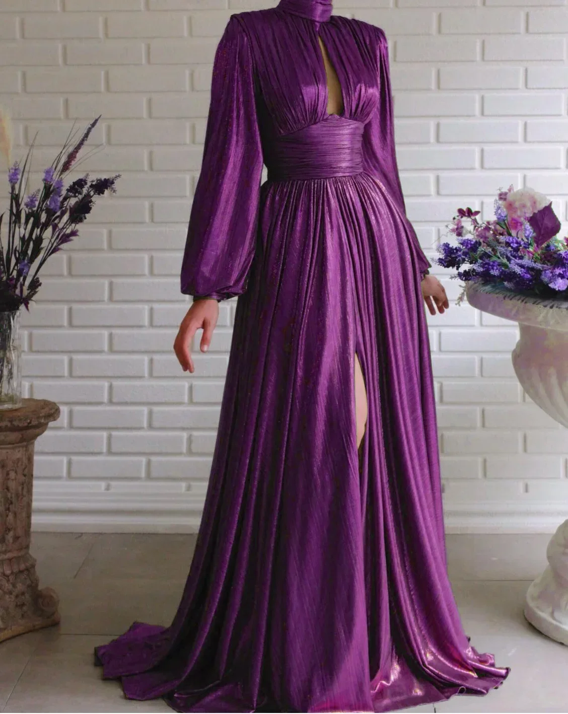 Gaun Prom elegan untuk wanita gaun Maxi pesta malam Vestidos lengan panjang Swing leher tinggi pinggang Fashion Solid A-line