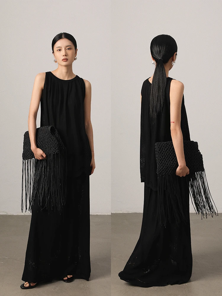 

Vimore Knitted Linen Fabric Pleated Design Hook Hollow out Ne Vest Skirt Set Women's Faion Summer Outfit