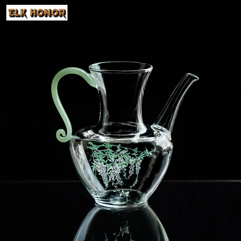 255ml Boutique Wisteria Flower Glass Fair Cup Imitation Song Hand-held Tea Pot Jade Handle Brewing Green Tea Pink Kettle Teaset