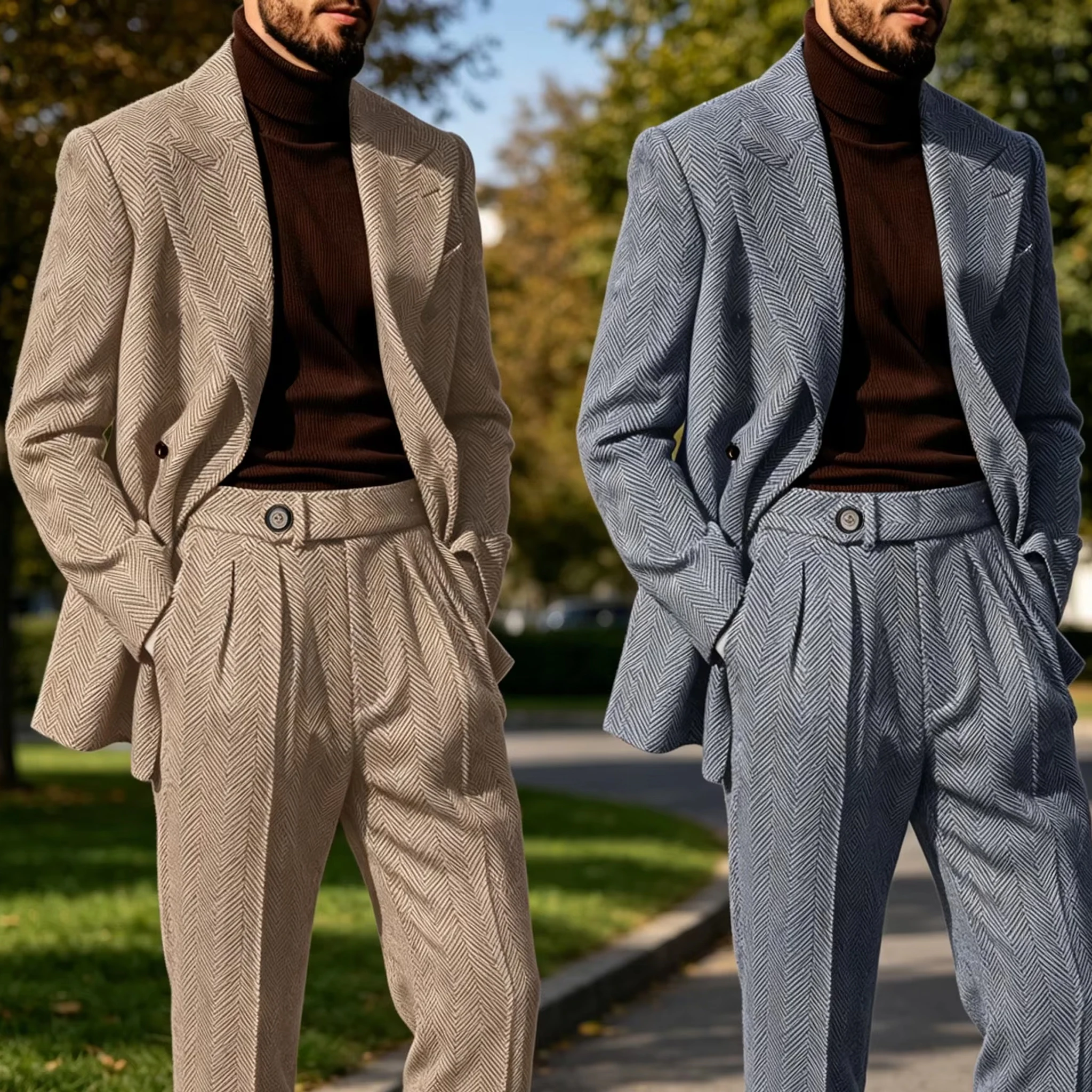 Herringbone Men's Suit 2 Pieces Set Blazer Pants Fashion Lapel Double Breasted Tuxedos Slim Fit Business Casual Jacket Trousers