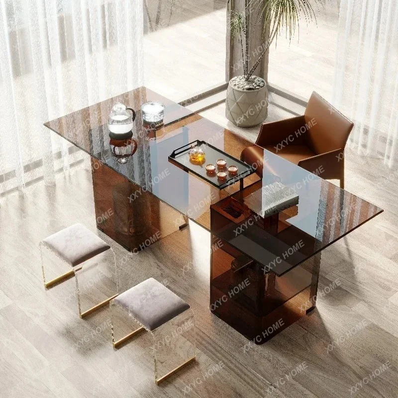 Household balcony tea table light luxury living room office kung fu tea table tempered glass tea table chair