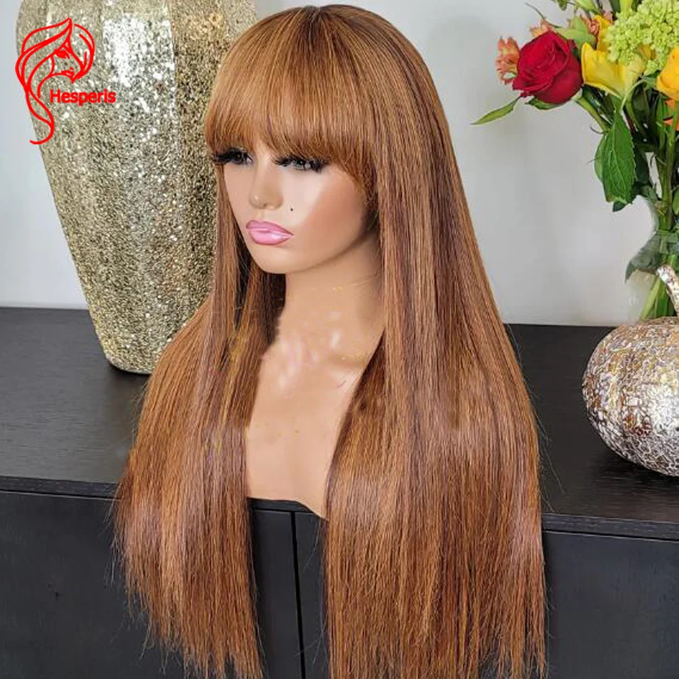 

Hesperis 200 Density Silk Straight Blonde Highlight Human Hair Wig With Bangs Remy Brazilian Scalp Top Full Machine Made Wig