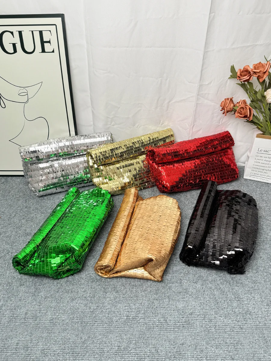 Women Silver Evening Clutch Bag Luxury Designer Shining Sequins Party Wedding Purse Fashion Trends Handbag Black Metal Wallet