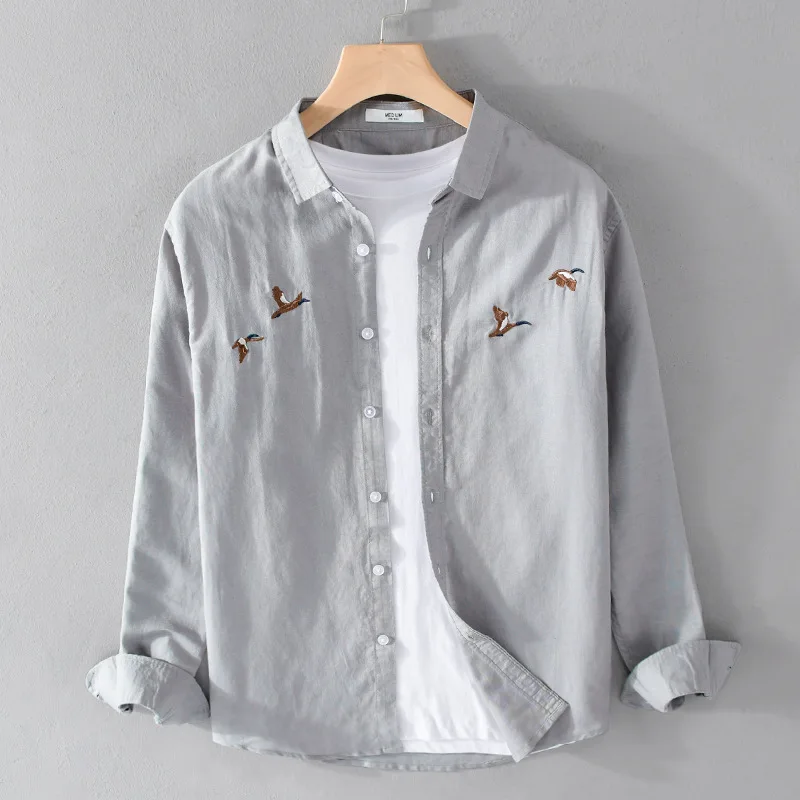 New Long Sleeve White Shirts Men Spring Summer Daily Casual Cotton Linen Shirt Breathable Tops Chinese Embroidery Shirt Youth