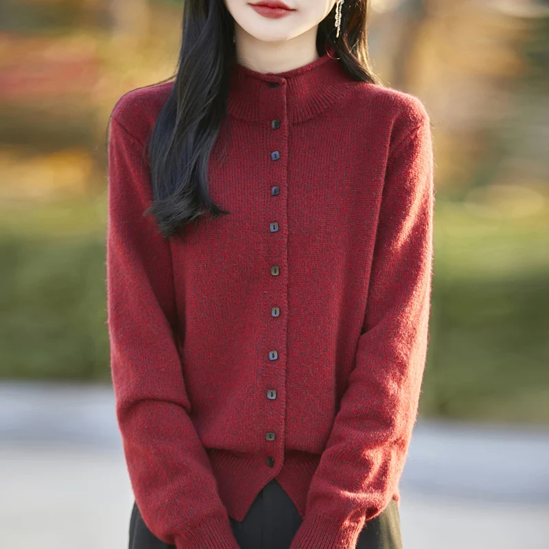 

Autumn 100% Merino wool knitted women's sweater stand up collar long sleeved cardigan comfortable soft top classic style