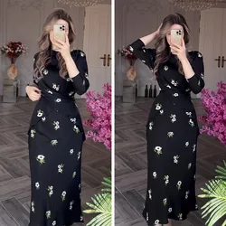 Commuter Women's Elegant Two Piece Floral Set 2024 Long Sleeved Pleated Irregular Tops+Straight Half Skirt Street Club Wear