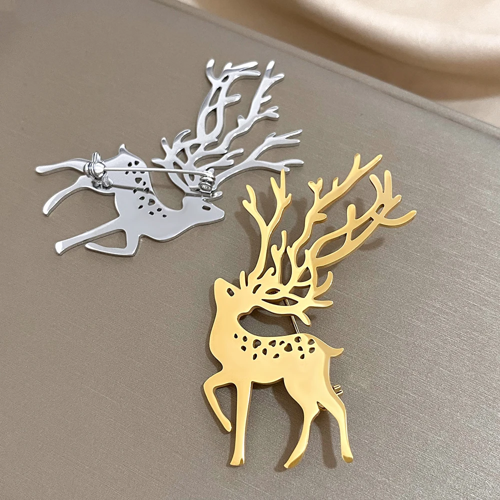 Stainless Steel Elk Deer Pins Brooch For Women Men Christmas Horned David\'s Deer Badge For Lapel Collar Hat Bag Pin Gift