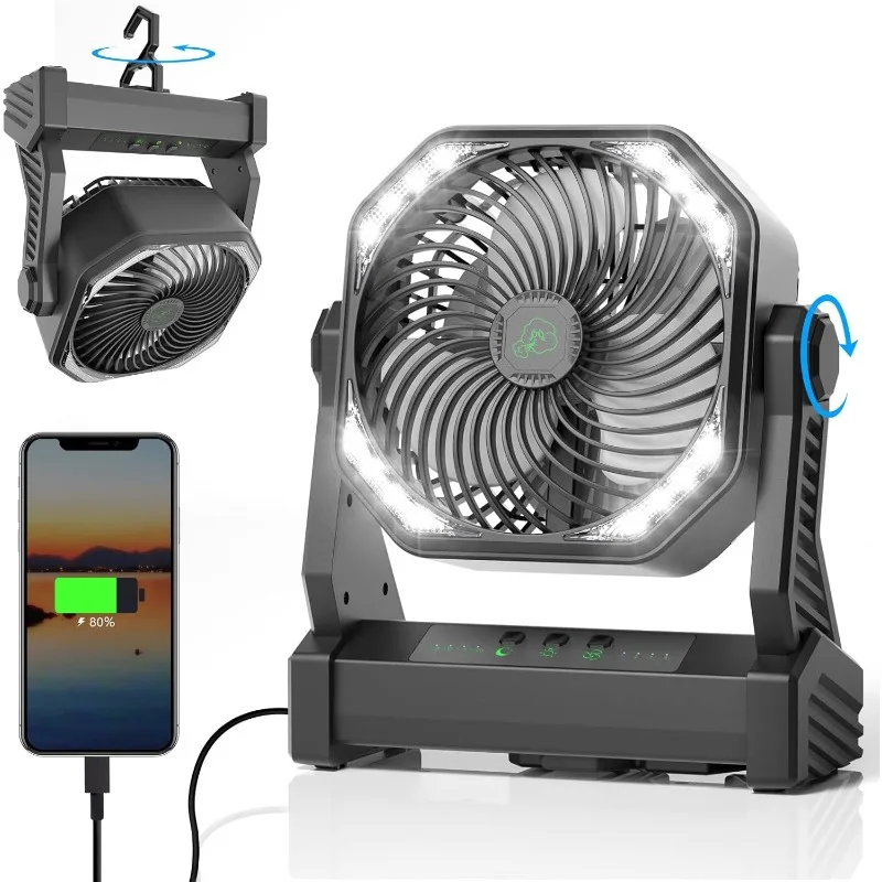 

Fan with LED Light, 20000mAh Rechargeable Battery Operated Camp Fan with Hook, 270° Pivot, 4 Speeds, USB Table Fan for C