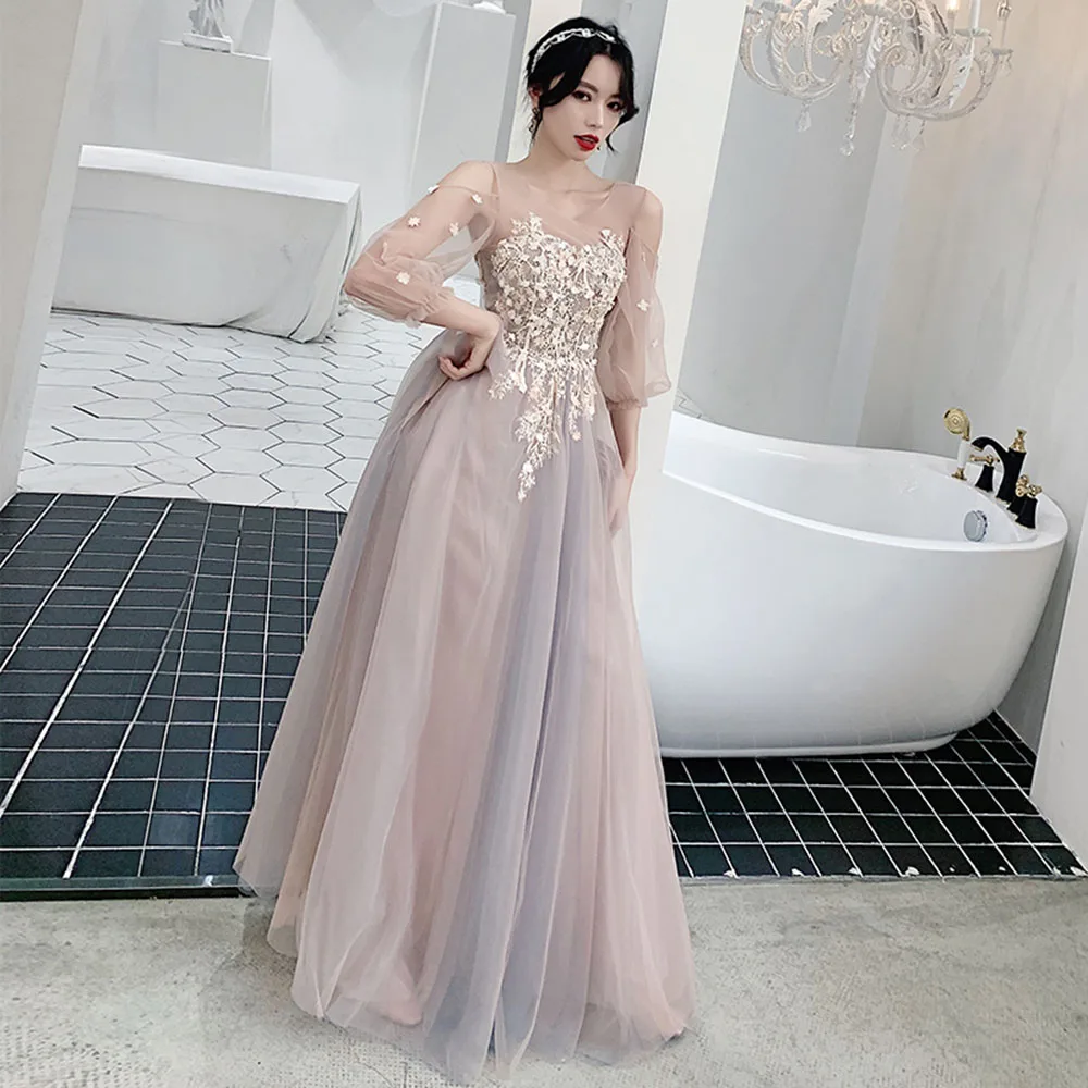 4 Styles Light Pink Purple Bridesmaid Dress Women's Elegant Classical Tulle Off The Shoulder Gown Ruffles Sleeves A-line Vestido