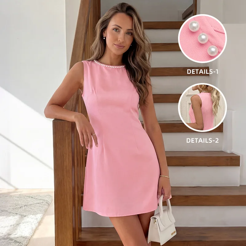 

Women's Elegant Pink Mini Dress Round Neck Sleeveless Beaded Short Dress Casual Party Vacation Cocktail Dress