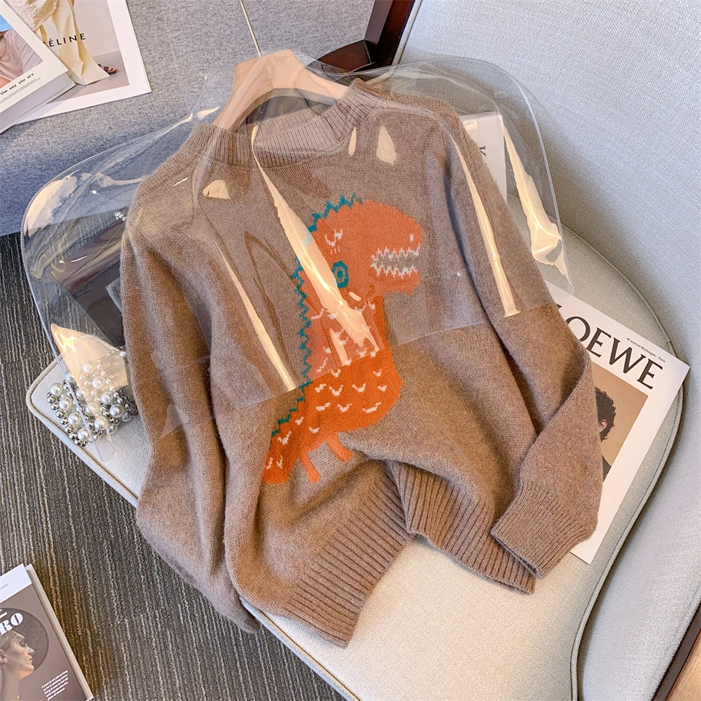 Donne Khaki Pullover Modello Dinosauro O-Collo Maglione Harajuku Vintage Y2k Oversize Cashmere Maglione Giapponese 2000s Vestiti 2025