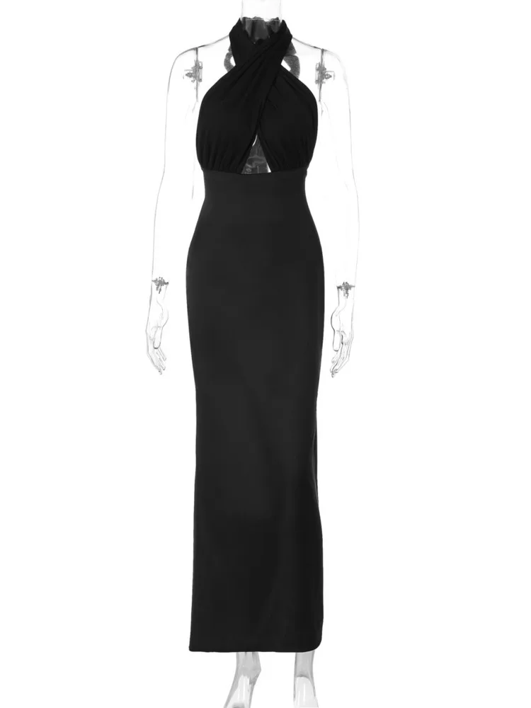 Mozision Halter Backless Sexy Maxi Dress For Women Black Satin Hollow Out Sleeveless Strapless Bodycon Club Long Dress Elegant