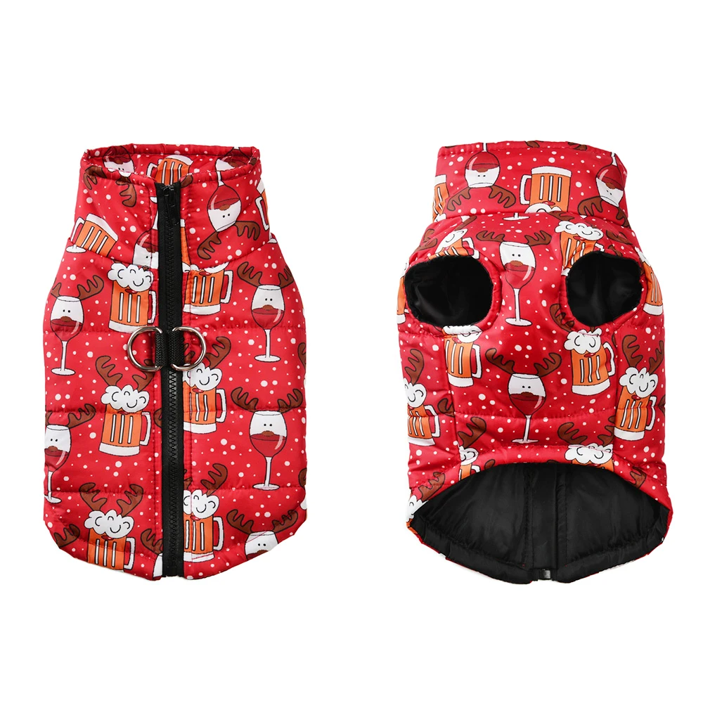 Christmas Warm Dog Jacket For Small Medium Dogs Cats Windproof Waterproof Santa Claus Print Puppy Clothes With D-ring Pet Coat