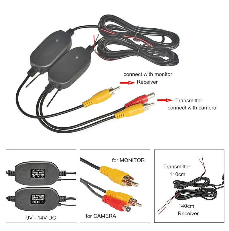 DIYKIT CVBS Signal 2.4G Wireless Rear View Camera RCA Video Transmitter & Receiver Kit for CVBS Car Rearview Monitor