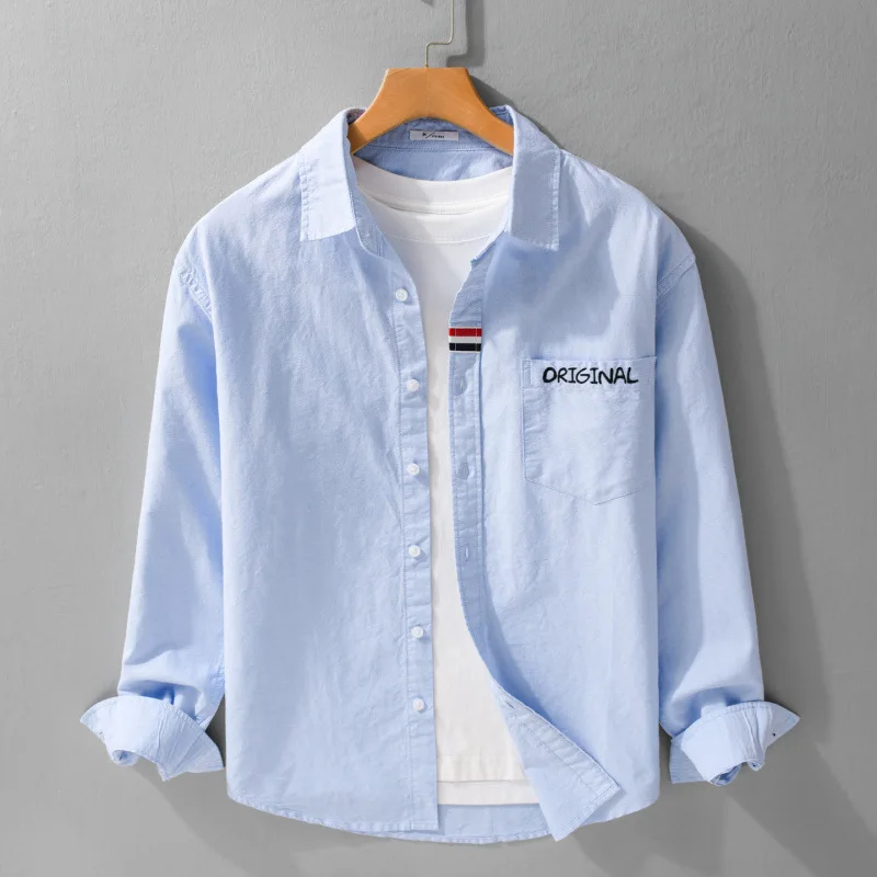 

Мужская повседневная рубашка из хлопка Oxford с длинным рукавом, свободного кроя, простого дизайна, весна-осень