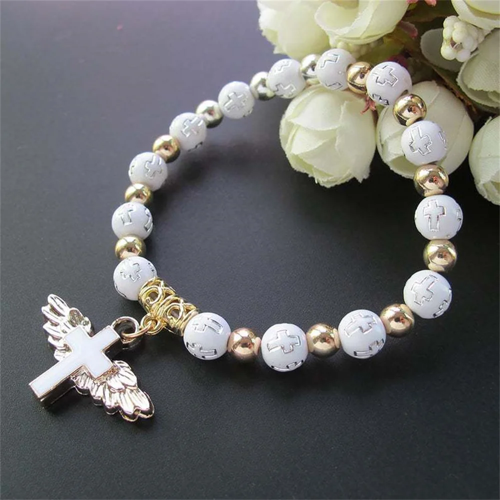 Mooie Religieuze Stretch Armbanden Charm Angel Cross Rozenkrans Kralen Armband Katholieke Hanger Voor Vrouwen Sieraden Mode-sieraden