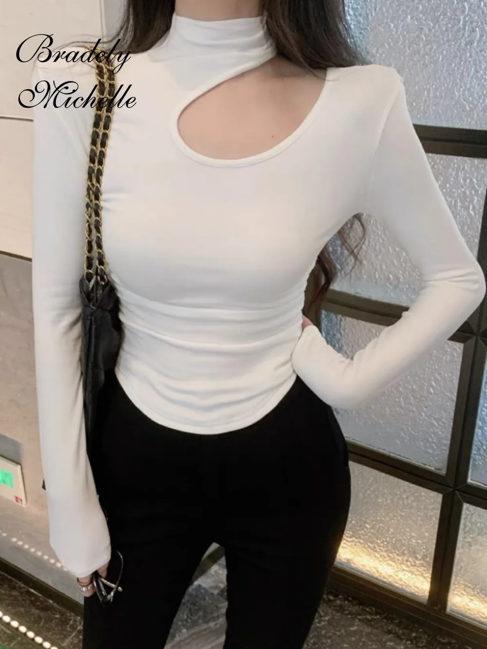 Shoulder Hollow Irregular High Collar Spring Women Long Sleeve Tops Sexy Pullover Solid Bottoming Blouses T-shirt