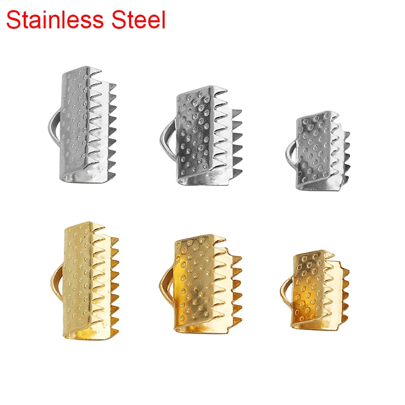 20/50pcs Stainless Steel End Caps Clasps Fastener Gold Color Connectors Clasps For Flat Leather Cord Thread Diy Jewelry Making