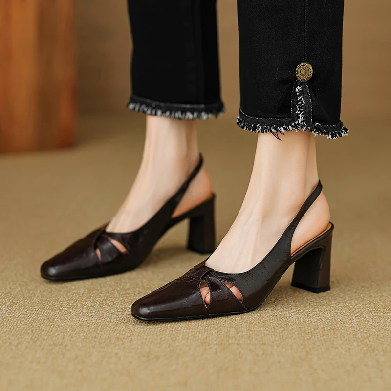 Woman Sandals Square Toe French Style  Women Pumps Sheepskin Summer Simple Shoes Slingbacks Lady Spring Autum Elegant  Pumps