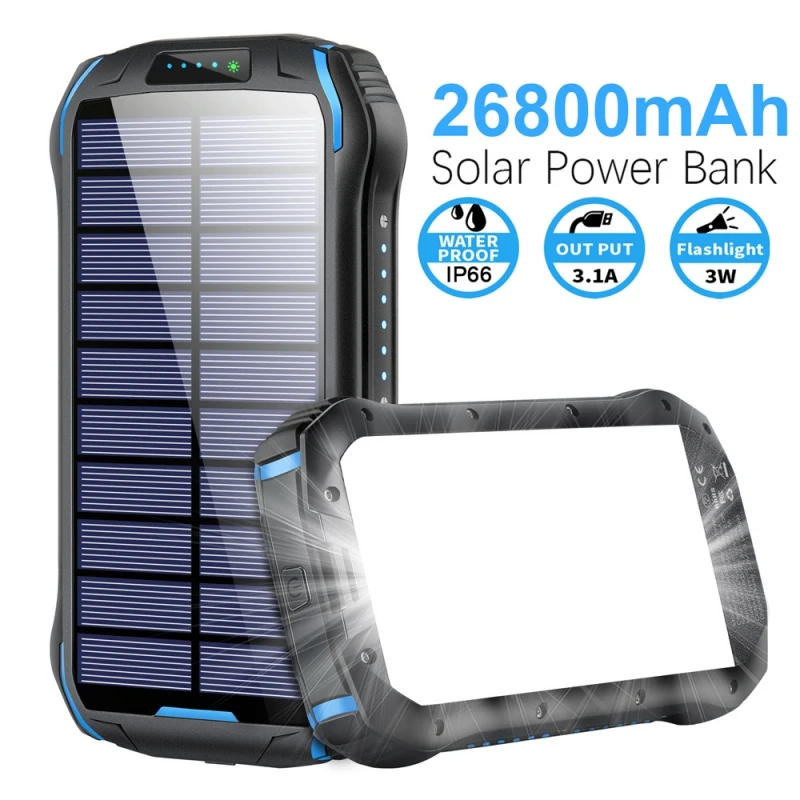 Solar Power Bank Dual USB 26800mAh 15W Fast Charging Powerbank for iPhone Huawei Xiaomi Spare Battery with Strong Camping Light