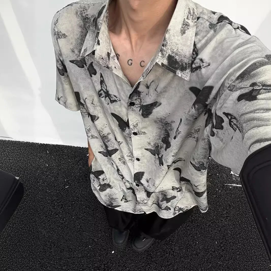

Niche Butterfly Short-sleeved Shirt Men's Summer Thin Loose Drape Full Print Shirt