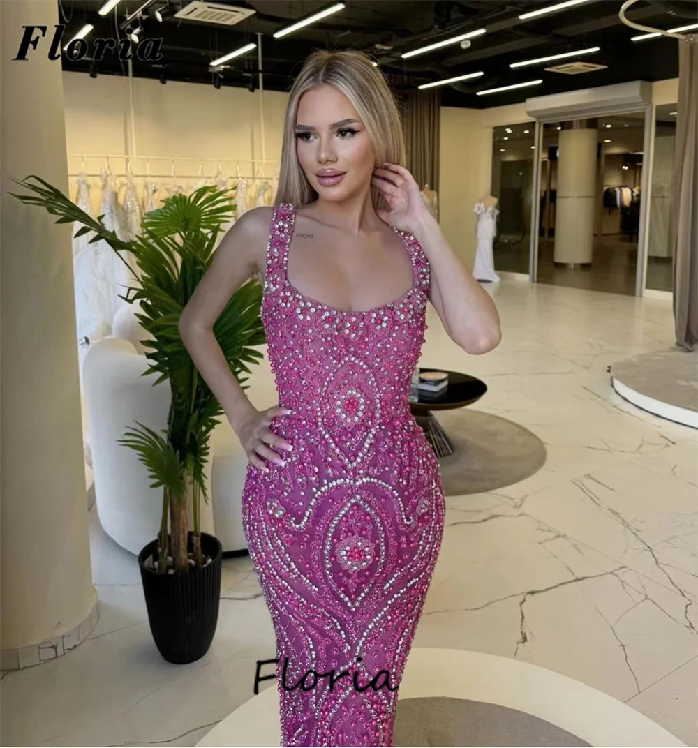 Full Beaded Straight Evening Dresses Arabic Dubai Spaghetti Straps Crystals Formal Prom Dress For Wedding Party Gowns Engagement