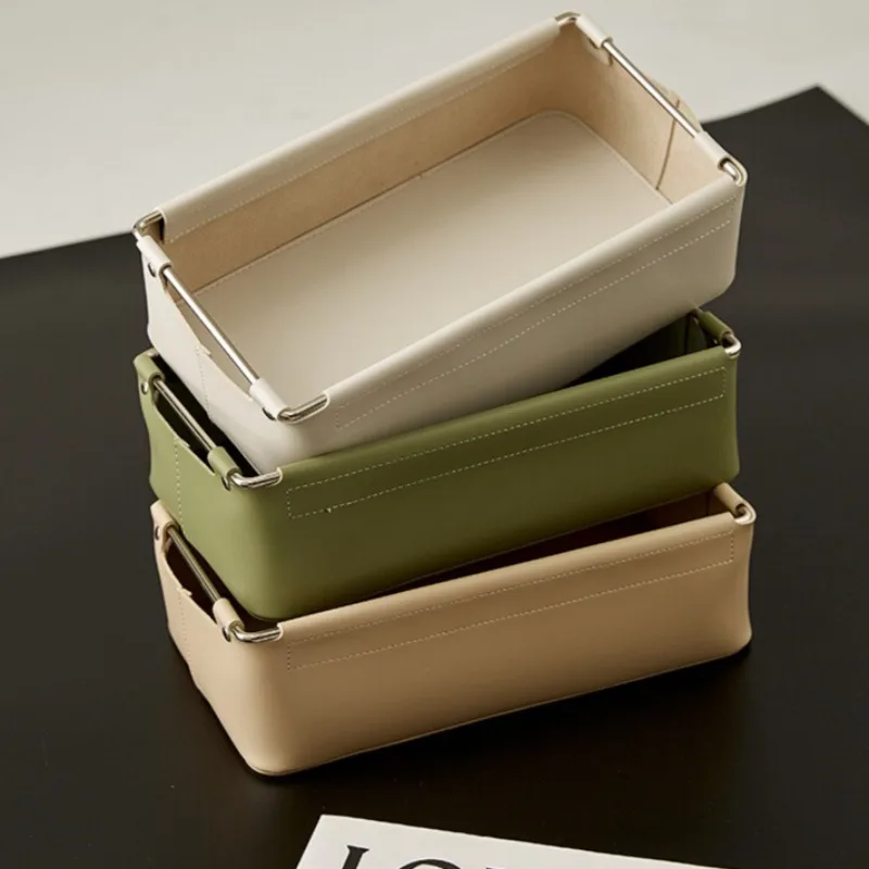 

Luxury Desktop Storage Box, Saddle‑Leather Organizer Basket, Entryway Key & Remote Bin, Stylish Catchall Tray for console tables