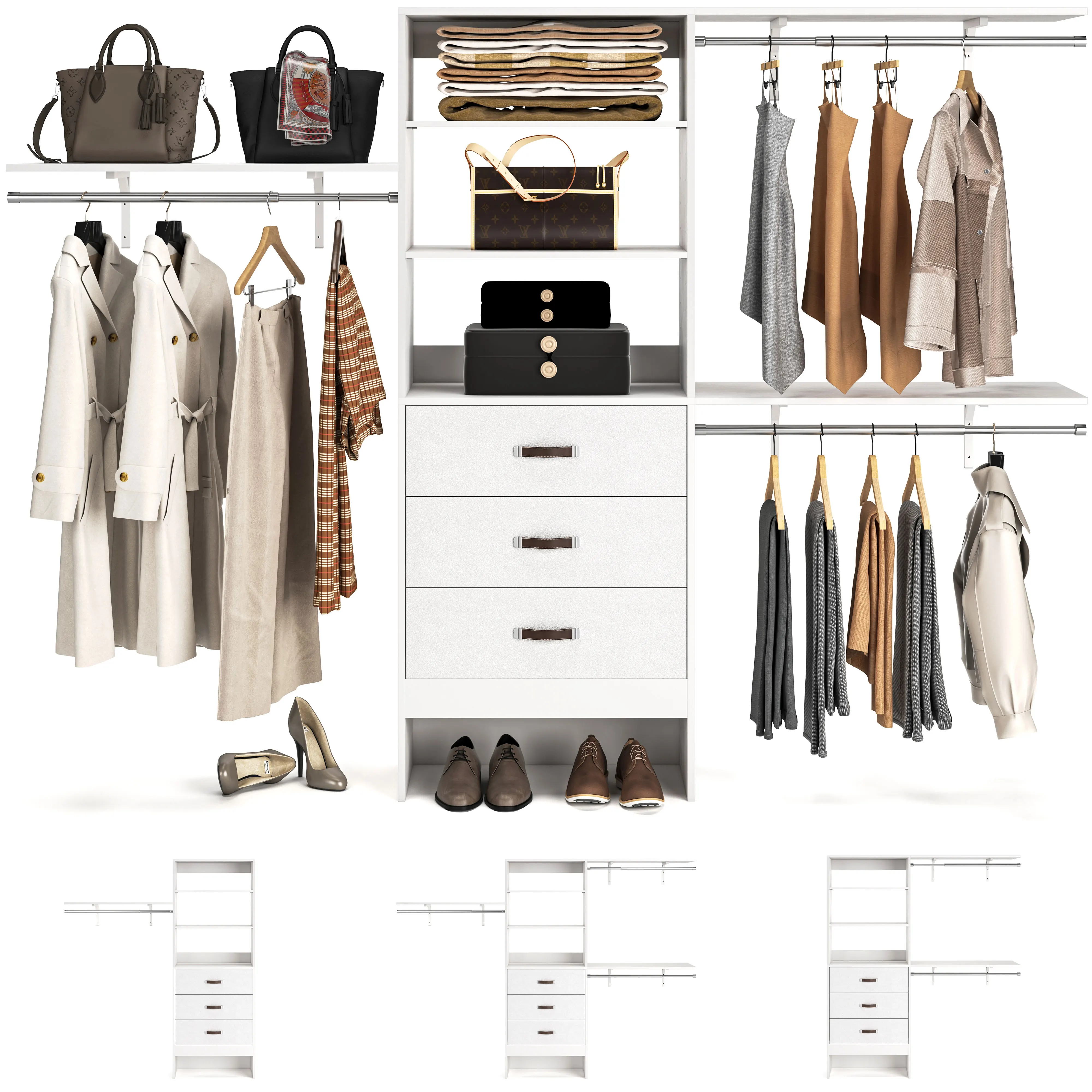 نظام خزانة عالي التحمل مقاس 96 بوصة مع 3 أدراج وأبراج رفوف، منظم خزانة المشي، رف ملابس مع قضبان تعليق #1