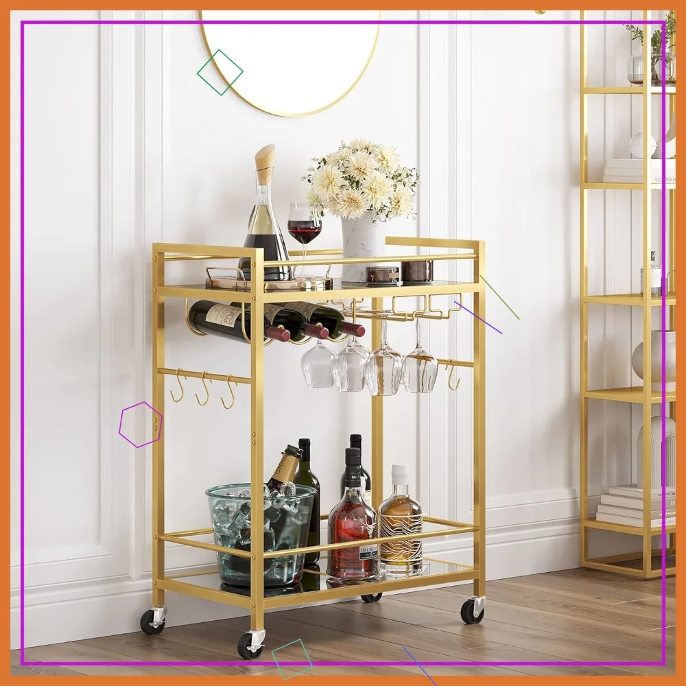 

Gold Rolling Beverage Cart with Wine Rack and Glass Holder, Mobile Kitchen Shelf for Home Serving