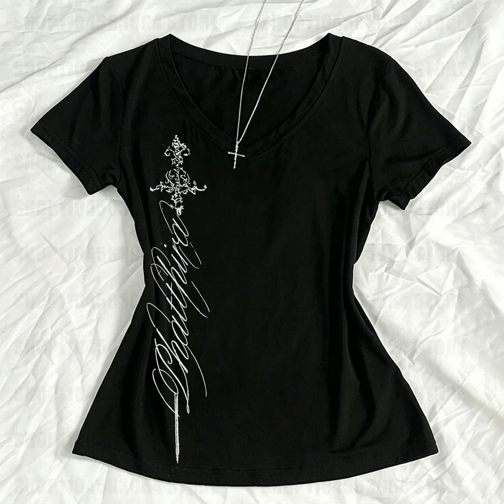 T Shirts Women V Neck Slim Vintage Printing Elegant Grunge Gothic Y2k Aesthetic Harajuku Tops Ladies Casual Tee Shirt