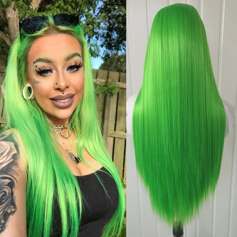 Bright Green Straight Hair Synthetic 13x4 Lace Front Wigs High Quality Heat Resistant Fiber Natural Hairline For Women Cosplay