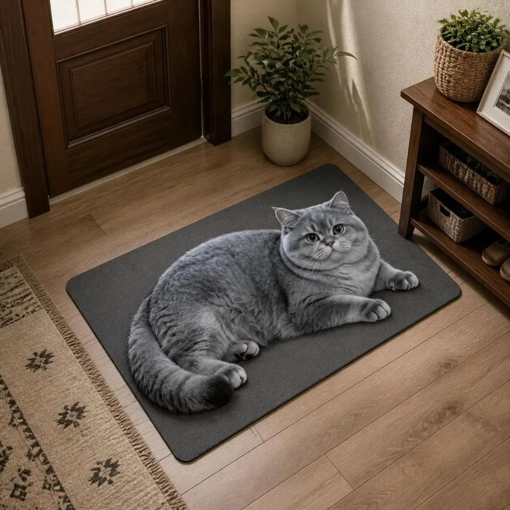 Cute Cat Printed Diatomite Door Mat Absorbent Wear-resistant Entryway Rug Lifelike Easy-clean Home Floor Mat Porch