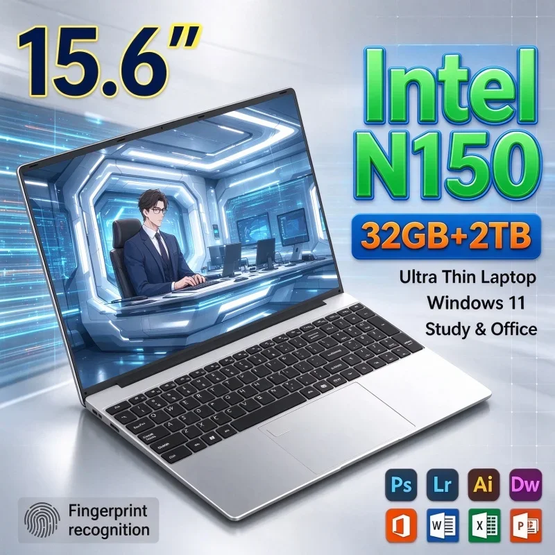 15.6'' Lightweight Notebook Computer Intel N150 32GB RAM 1TB 2TB SSD Windows11 Fingerprint Unlock Office Gaming Laptop For Work