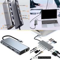 G8DB 11 in 1 USB C Hubs Multiports Adapter With PD100W Charging HDTV VGA Ethernet Card Reader For Laptop Tablets Type C Devices
