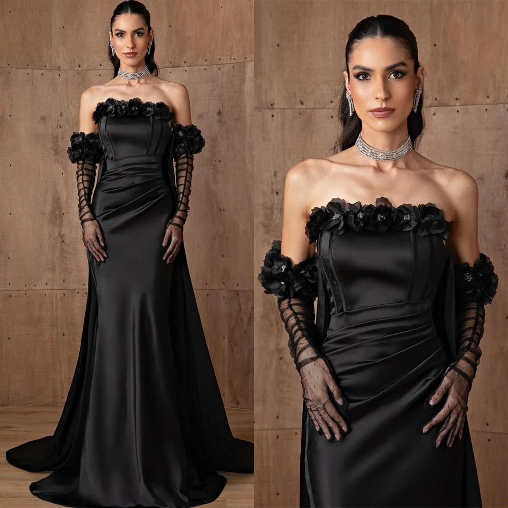 

Customized Fashion Black Satin Evening Dresses Luxury Strapless Homecoming Dresses Temperament Flowers Special Occasion Gowns