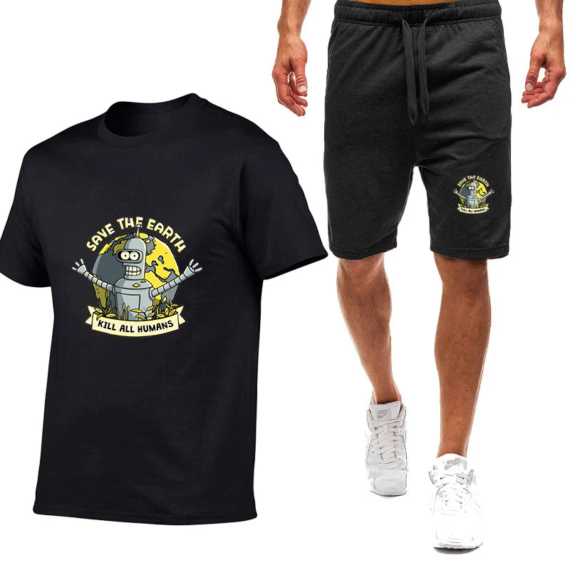 

2025 Summer Man's Save the Planet Kill All Humans Graphic Logo Print Ice Silk Absorb Sweat Solid Color T-shirt Pants Suits