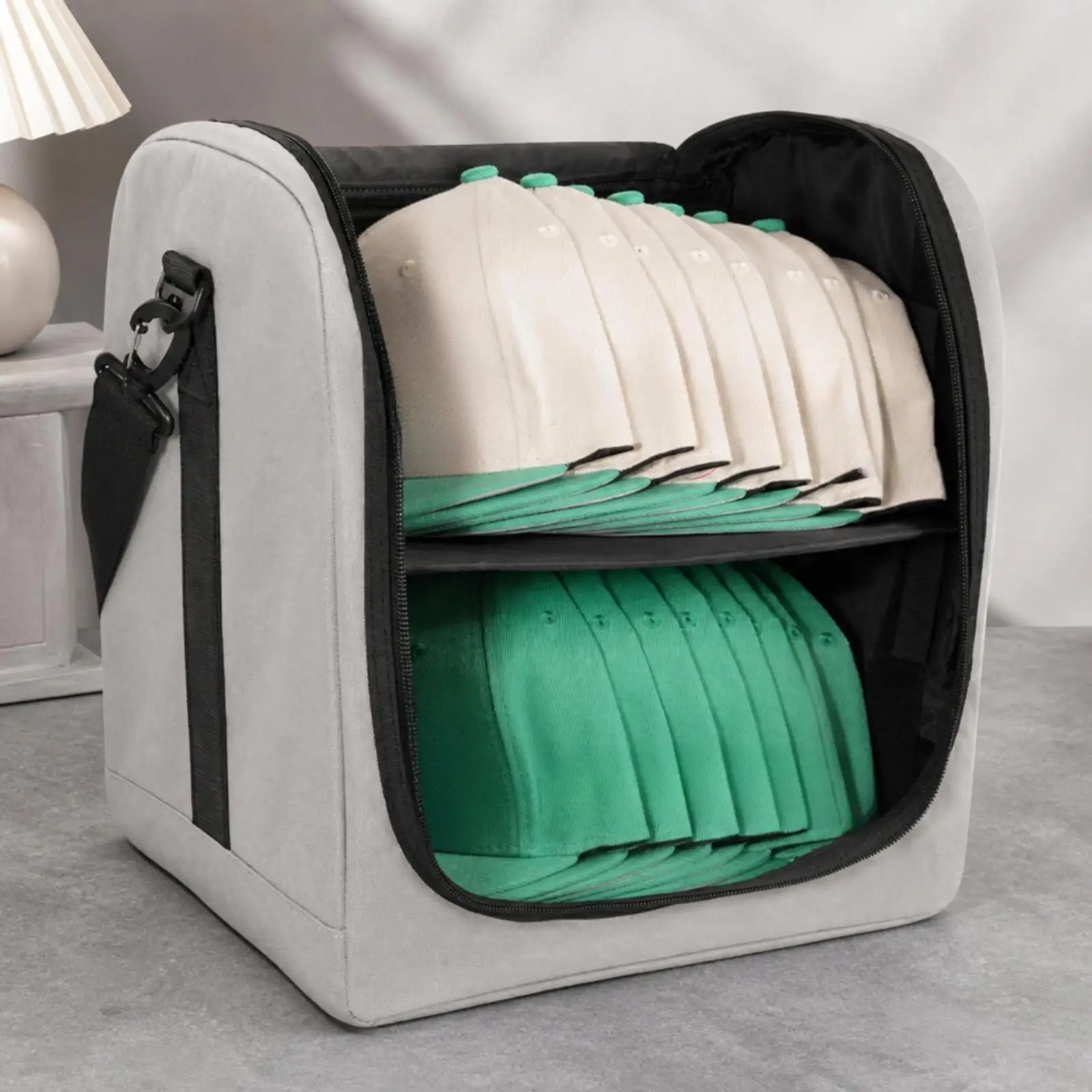 Baseball Cap Storage Bag Water-Resistant Hat Case with Shoulder Strap Two-Compartment Hat Carrier with Shoulder Strap for