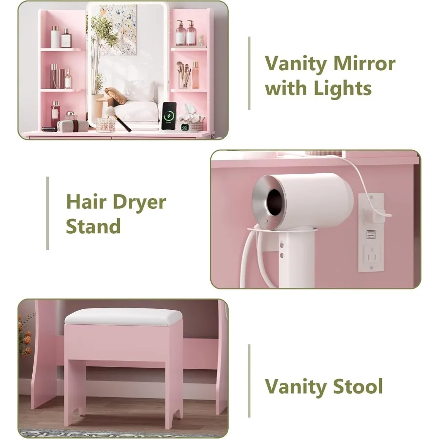 مكتب زينة صغير مع مرآة وأضواء مكياج مع أضواء LED مرآة زينة وردية مع مكتب مضاء وكرسي 3 إضاءة