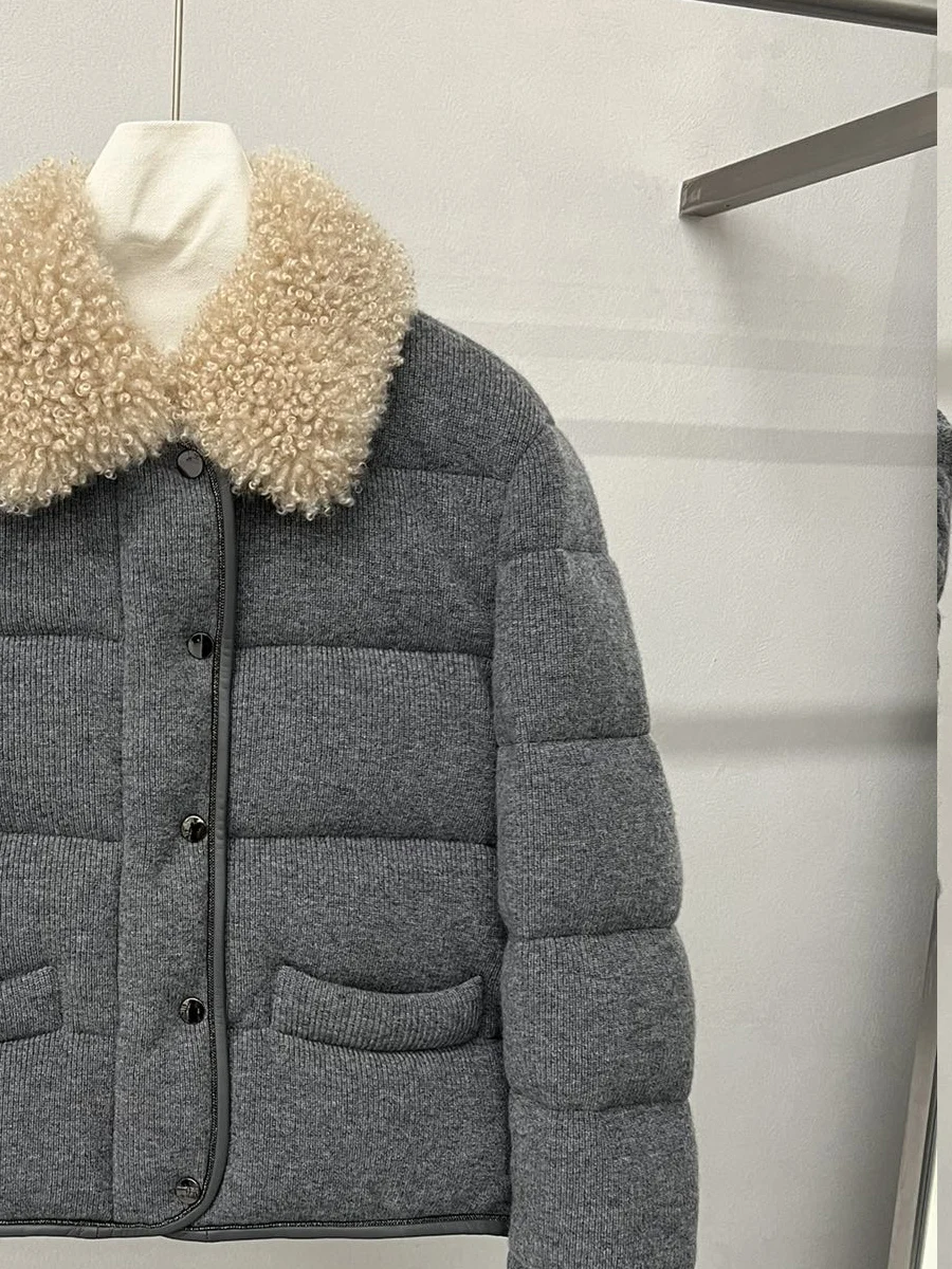 Women'S Wool Knitted Lapel High-Quality White Goose Down Down Jacket Short Casual Jacket Comfortable And Warm