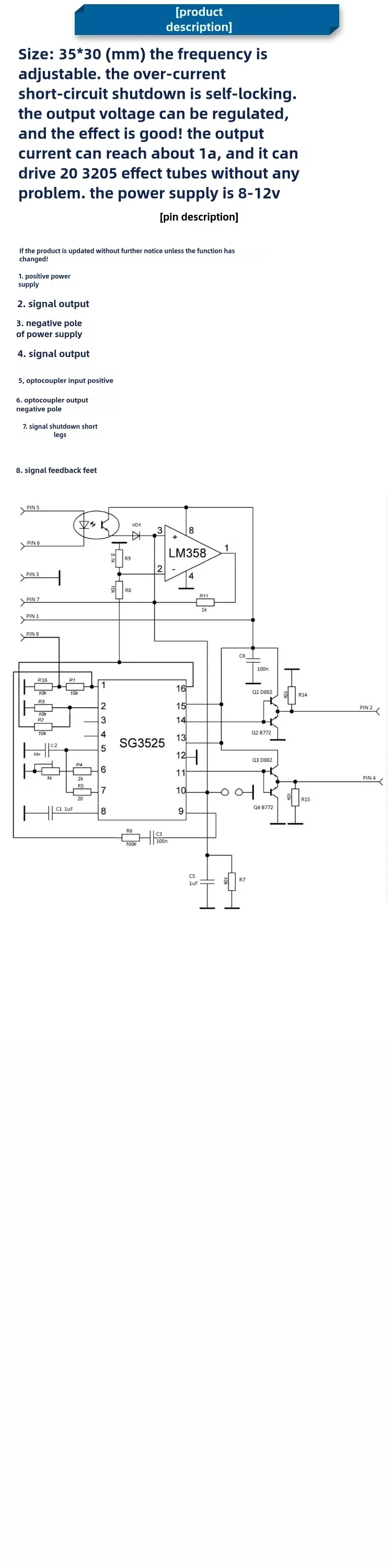 SG3525 LM358 Inverter-Treiberplatine 12V-24V Mixer-Vorverstärker-Antriebsmodul Frequenzverstellbar 1A – Detail 2