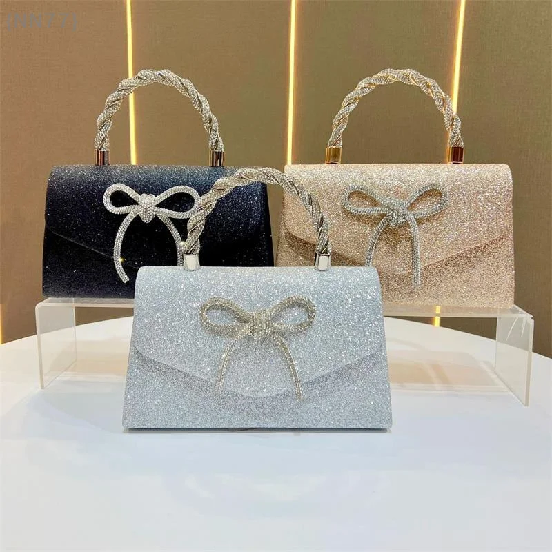 High-End Luxury Rhinestone Bow Evening Bag - Glitter Gold/Silver/Black Women's Bag, Chain Shoulder/Crossbody & Clutch 2-in-1