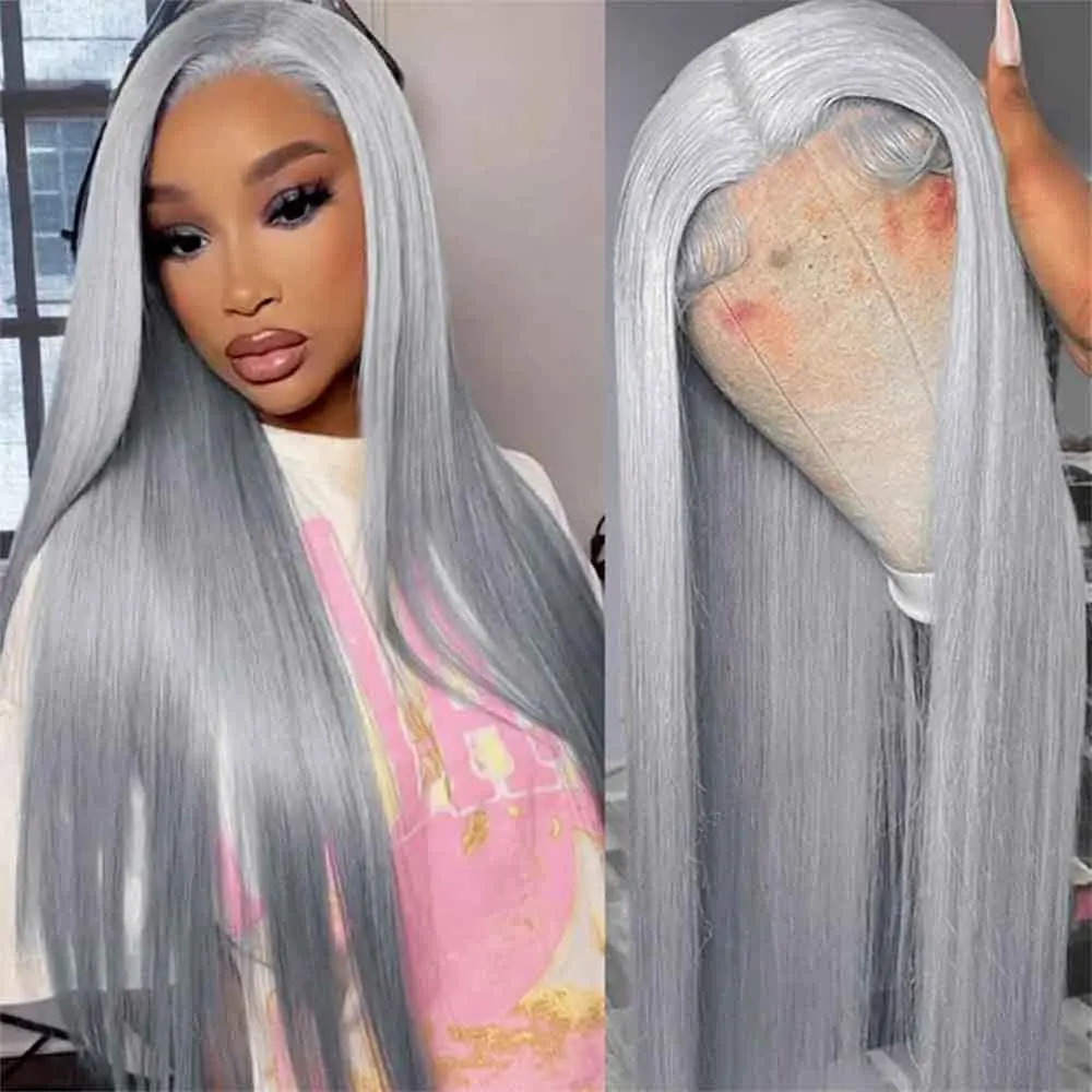 

38 Inche Silver Grey Straight Lace Front Wig 100% Human Hair 613 Colored HD Transparent 13x6 Lace Frontal Wigs Cosplay Pre Pluck