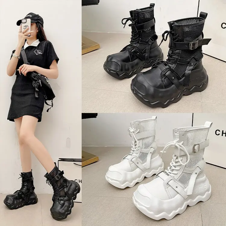 HKDQ Women's Boots Round Toe Platform Heel Mesh-Look Shaft Lace-Up Casual Fashion Daily Walking Footwear With Buckle Detail