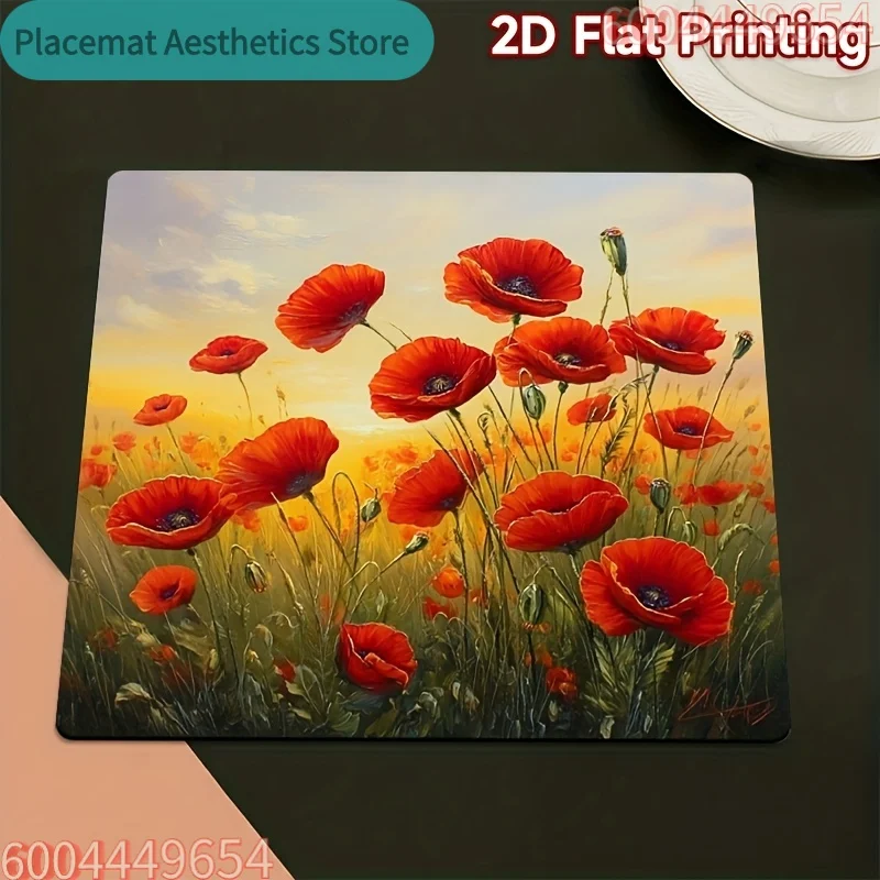 2D FLAT PRINTING Vibrant Red Poppies Field Pattern Washing Machine Protector Mat, Fashionable Modern Washing Machine Protector