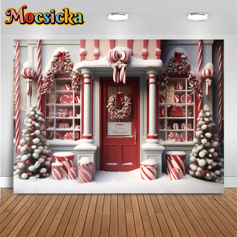 Mocsicka Casa di Natale Sfondo Fotografia Albero di Natale Neve Negozio di caramelle Decorazione Baby Kid Foto Sfondo Studio Puntelli Banner