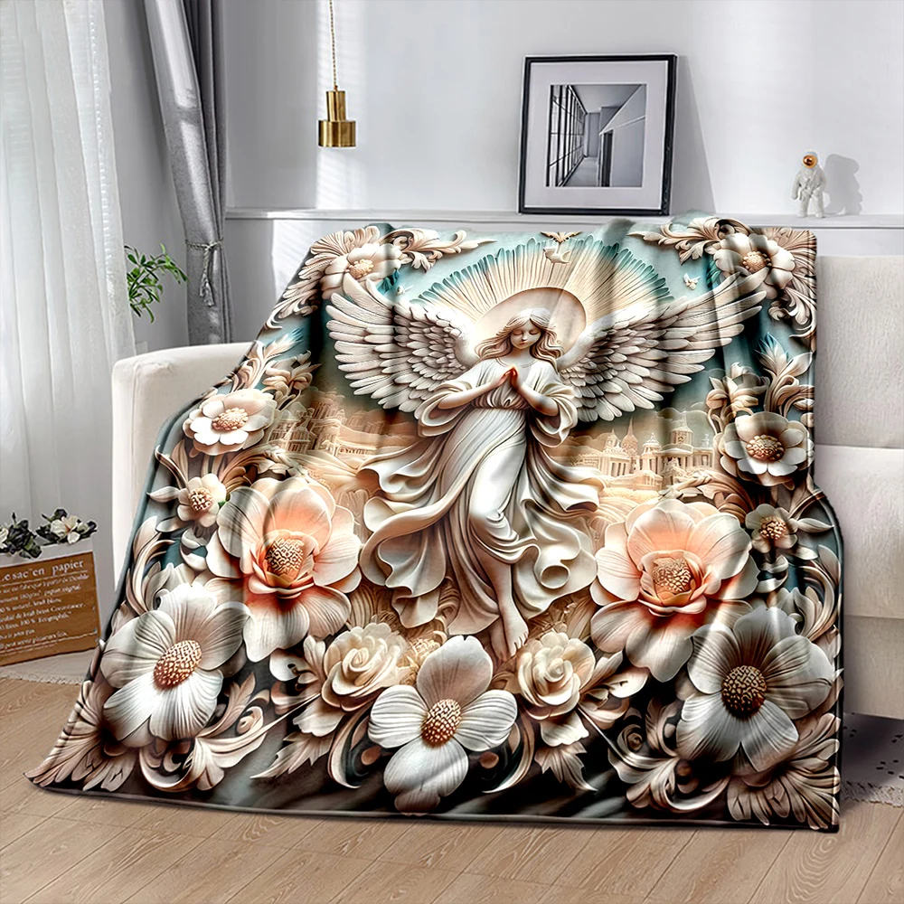 Elegant Angel Embossed Sculpture Print Flannel Blanket, Super Soft for Boys and Girls, Portable Throws for Home Sofa Livingroom