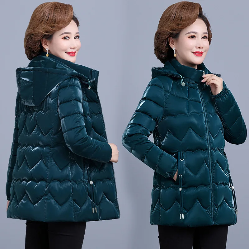 Chaqueta de invierno para madre de mediana edad Parkas para mujer 2025, nueva Chaqueta de algodón brillante, Parka con capucha, prendas de vestir informales cálidas, Tops para mujer